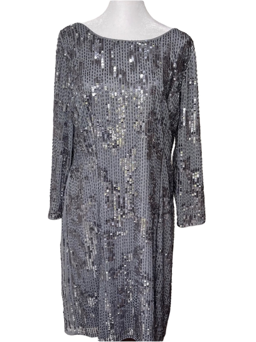 Adrianna Papell Slate Gray Silver Sequins Beaded Sheath Dress 3/4 Sleeve Lined